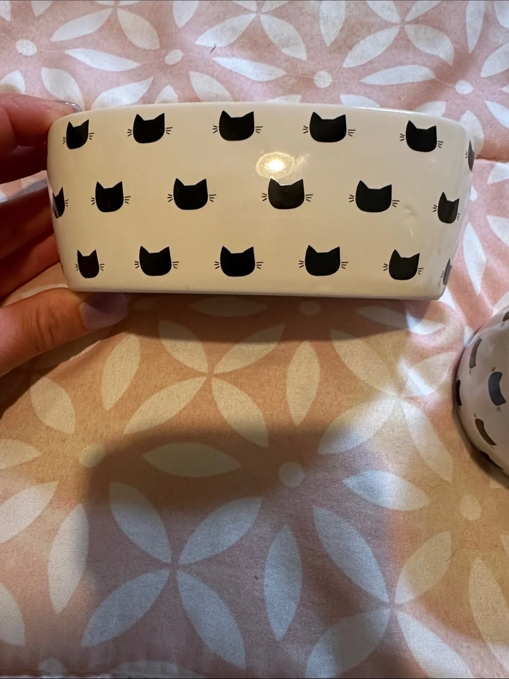 White Ceramic Cat Bowls with Cute Black Cat Motif - Set of 2